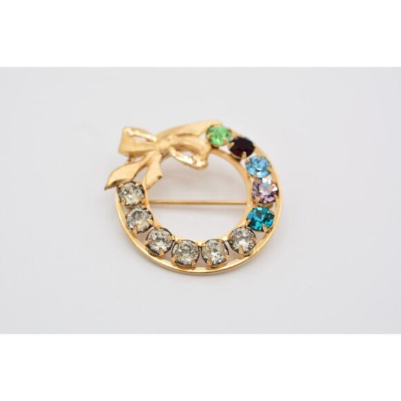 Vintage Crystal Wreath Pin Brooch Bow Rhinestone Crystal Prong Gold Signed BinAT - Picture 4 of 12